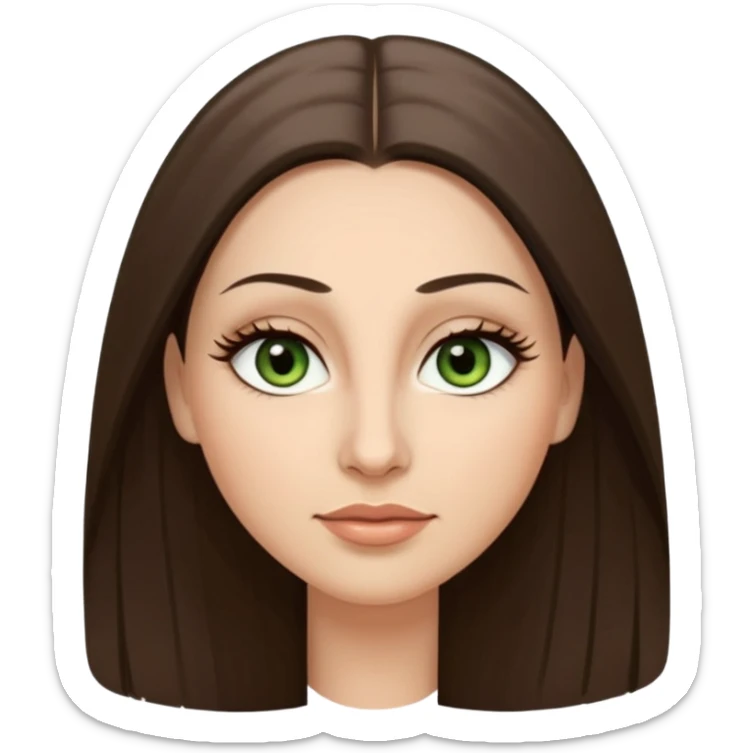 40 year old Adult woman avatar, light skin tone, oval face, long straight ashy brown hair, green almond-shaped eyes with dramatic eyelashes and minimal eyeliner, neutral mouth, medium straight eyebrows, small nose, smooth skin sticker