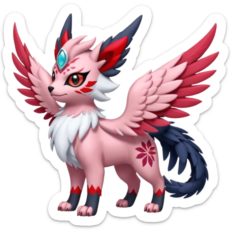 Floral feathery pastel pink and ruby-jewelry-adorned Absol-Litten-Amaura-fusion-Fakemon-animal-creature  sticker