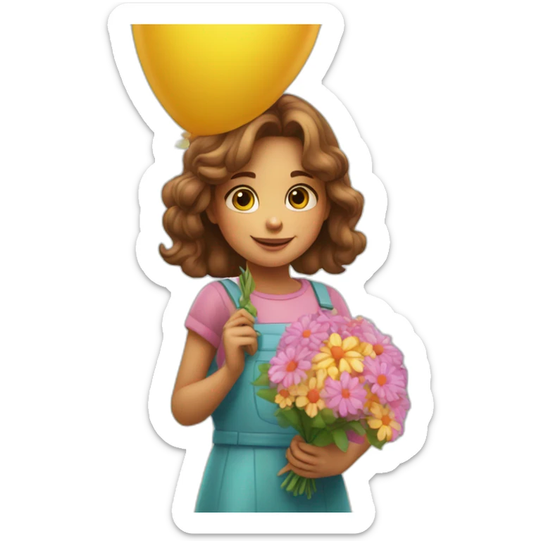 a beautiful little girl with a bouquet of flowers in her hands is standing near a big balloon sticker