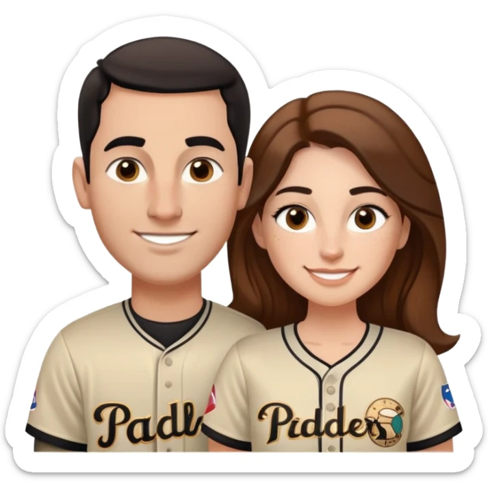 *White* couple smiling. Woman has big cheeks and a lot of freckles on the nose. long brown hair. Man has black and very short hair and prominent eyebrows with egipcian nose. Both are wearing “Los Padres” baseball new 2025 jearsey. Accurate jersey.  sticker
