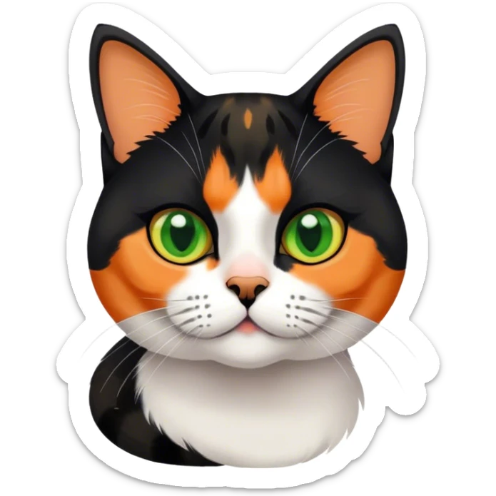 American shorthair calico cat with big green eyes and black fur on the right side of their face and orange on the left side sitting down sticker