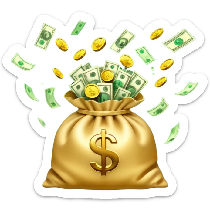 

3D emoji style, big bag of money, flying dollar bills, rich casino vibe, smooth lighting, high detail, clean edges, transparent background



 sticker