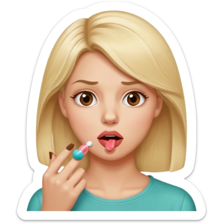 👁️🫦👁️💁🏼‍♀️ aguicheuse. elle se mord le coin de la lèvres. Elle est blonde. Ongles vernis marrons. Elle mâche un chewing-gum  sticker
