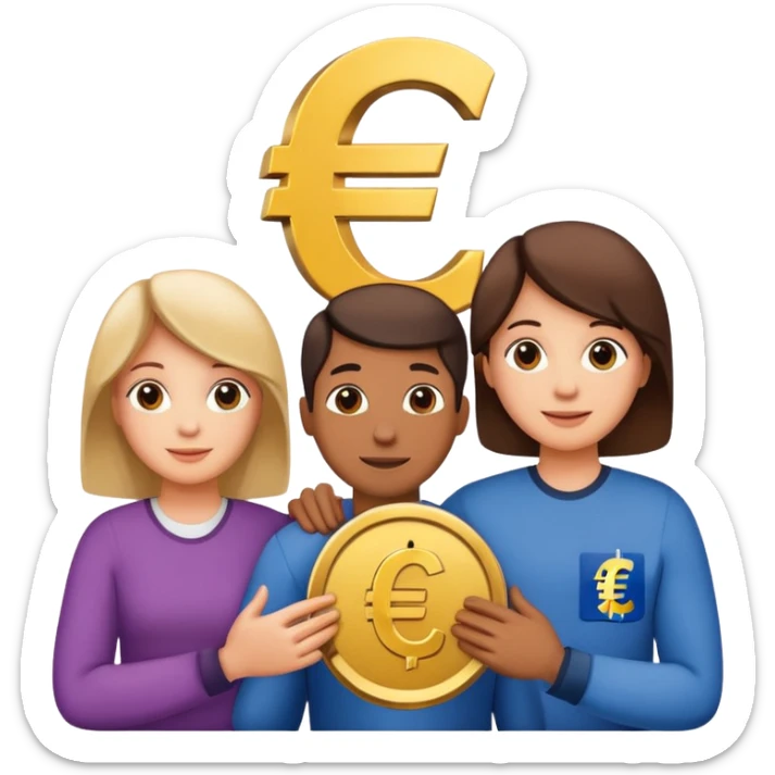 family of three (mom, dad, one child) holding euro symbol together sticker