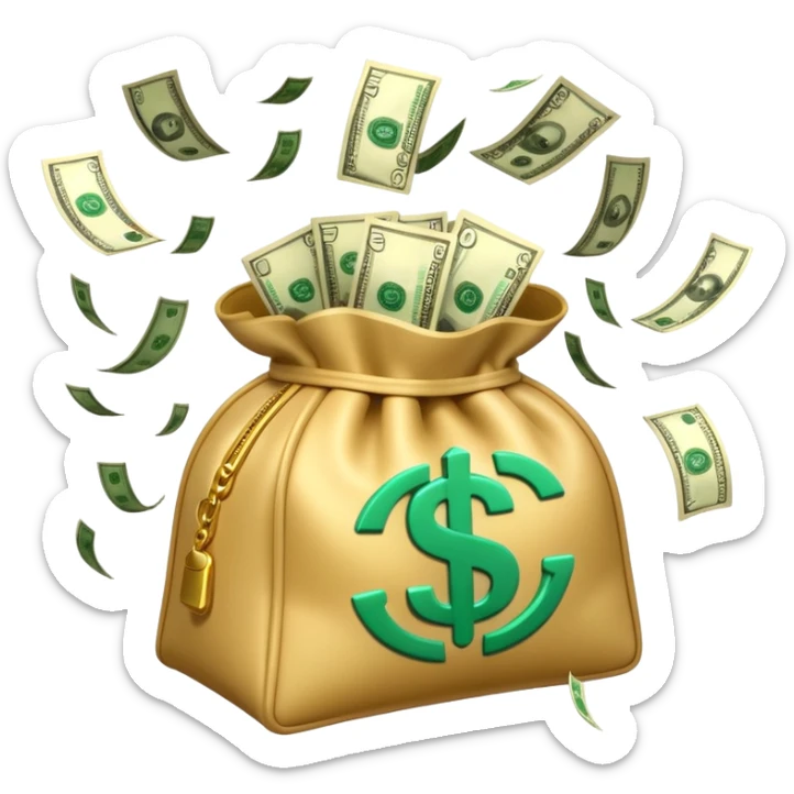 

3D emoji style, big bag of money, flying dollar bills, rich casino vibe, smooth lighting, high detail, clean edges, transparent background



 sticker