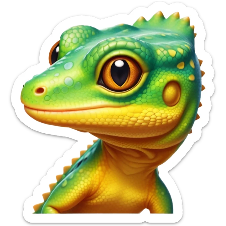 cinematic-cute-realistic gecko-portrait-emoji,-head-tilted-playfully-and-inquisitively,-featuring-a-small,-charming-body-with-smooth,-vividly-patterned-scales,-bright,-sparkling-eyes-and-delicate,-sticky-toe-pads,-simplified-yet-irresistibly-adorable sticker
