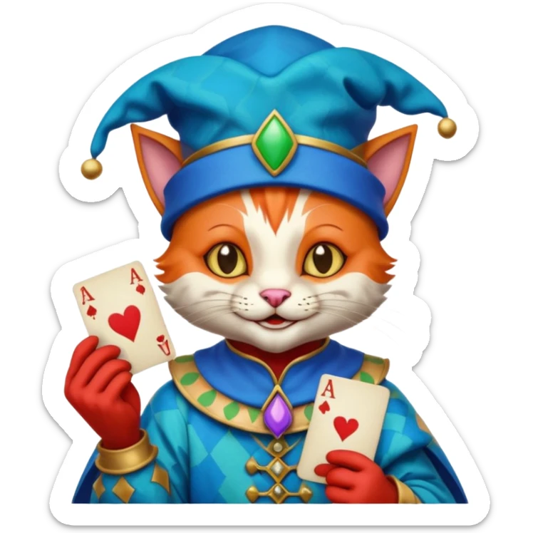 crazy colorful cute little cat jolly joker from poker, medieval, vintage, court jester, mac os icon, blue color, holds an ace poker card (clearly detailed and precise) sticker