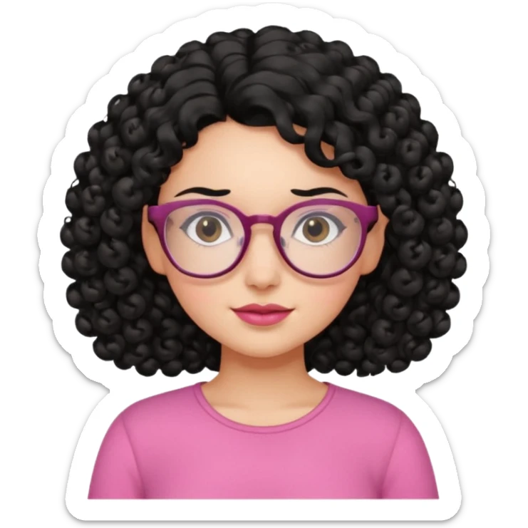 Fair girl with curly black hair and glasses wearing a pink top sticker