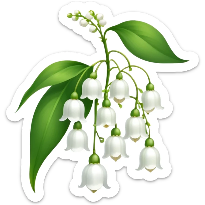 Elegant lily of the valley flower with delicate white bell-shaped blooms hanging from green stem and bright green leaves sticker