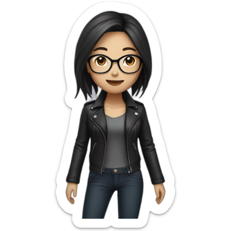 Asian girl in glasses and leather jacket whith dark long hair sticker
