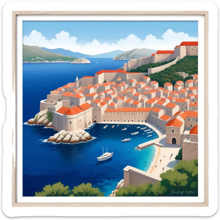 Dubrovnik – Cinematic Realistic Dubrovnik, depicted as a stunning coastal city with red-tiled roofs and ancient stone walls, set against the deep blue Adriatic Sea under warm Mediterranean light, rendered with rich textures that capture its enchanting beauty. sticker