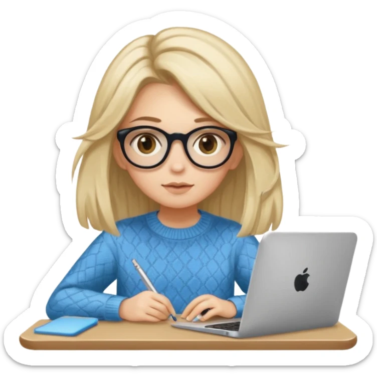 ragazza bionda con capelli molto lunghi, con occhiali tartarugati, occhi azzurri, con maglione beige, seduti alla scrivania che lavora al pc sticker