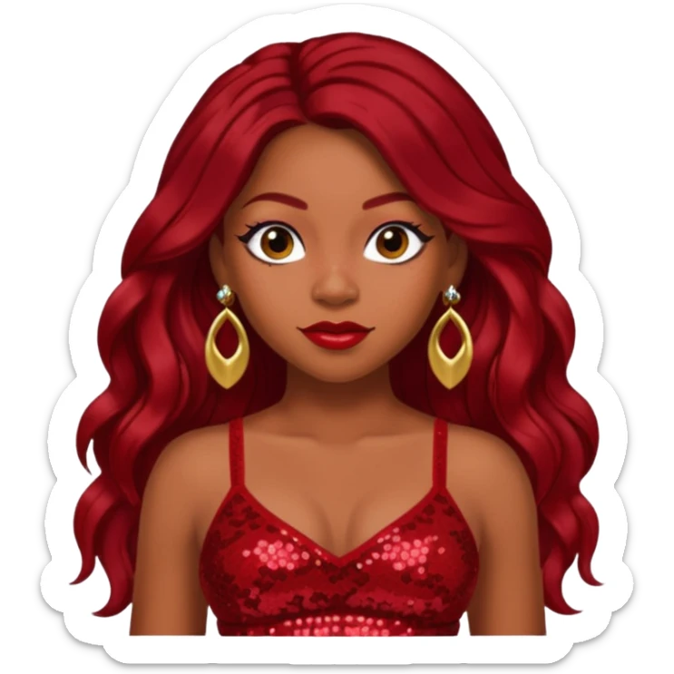 LaTavia Robeson with dark red long hair, red sequin crop top, red earring sticker