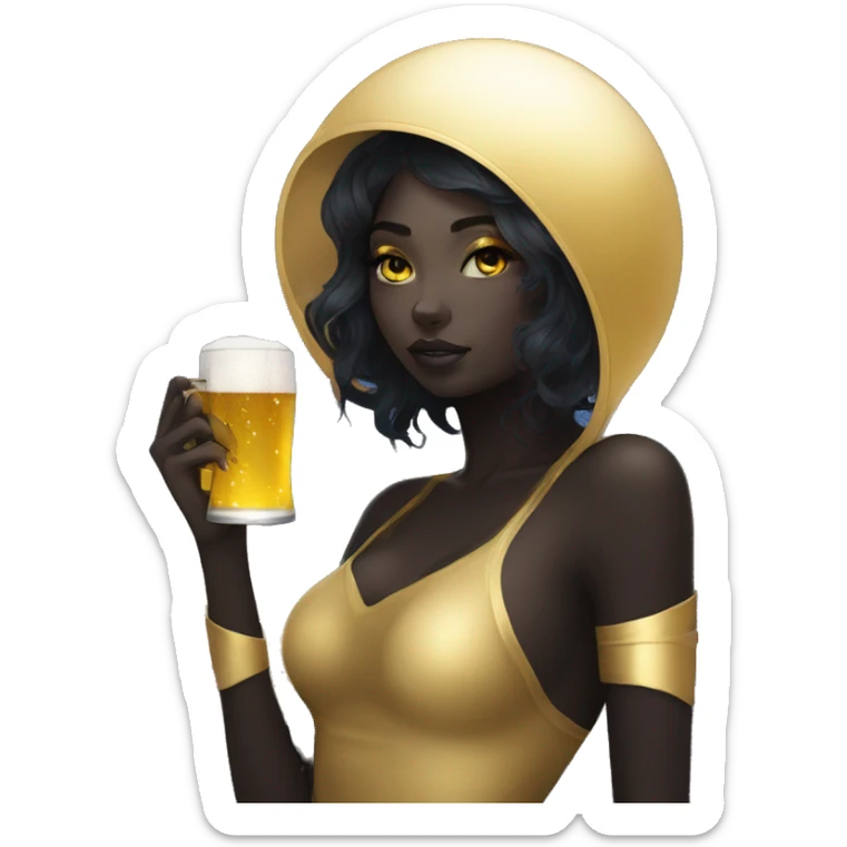 Ethereal galactic Girl wearing black and gold sat on a nebula galaxy drinking beer surrounded by golden stars and planets sticker