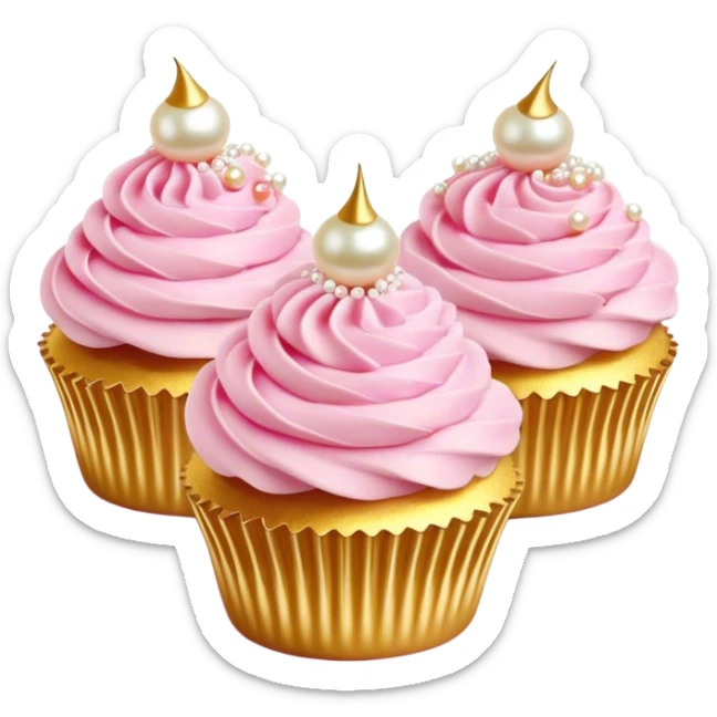 Cinematic Realistic Pink Cupcakes, fluffy pastel pink frosting swirled elegantly on top of golden cupcakes, tiny edible pearls adding a delicate touch, soft warm lighting creating a dreamy atmosphere, glowing with sweetness and charm. sticker