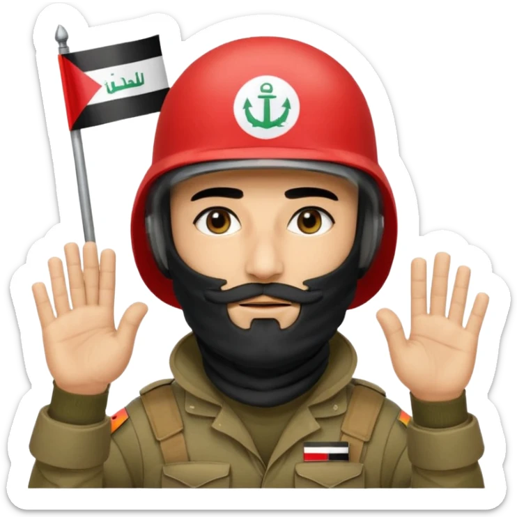 surrenders, depicts an Iraqi soldier from 1980, with a beard, in a helmet, a helmet with sign flag Iraq, with a balaclava, with sad eyes and both hands raised up sticker