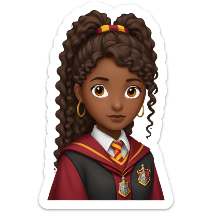 Alicia Spinnet in harry potter, wear hogwarts gryfindor uniform, long, dark, curly ponytail hair, dark skin sticker