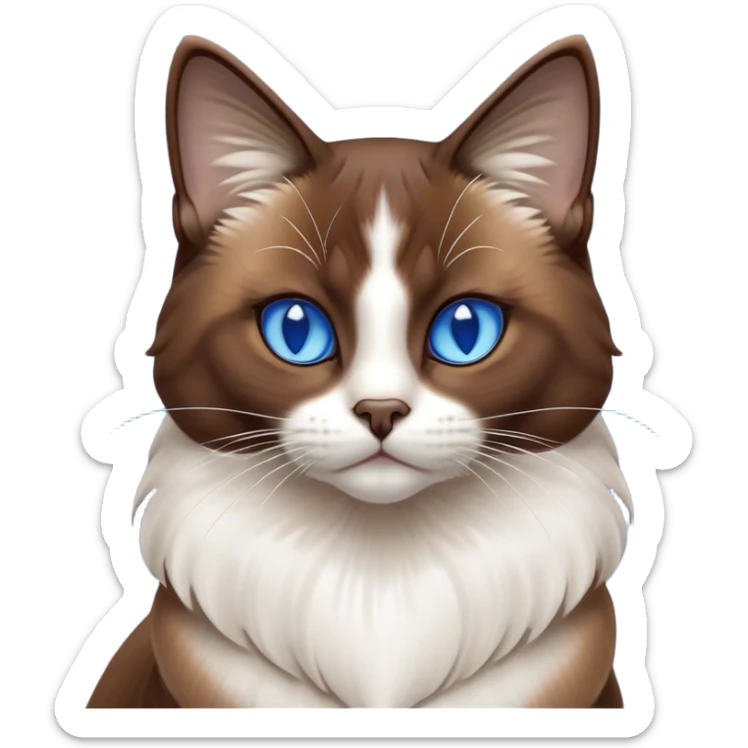 Cinematic Noble Brown Mantle Snowshoe Cat Portrait Emoji, Poised and regal, with sleek brown fur draping elegantly over its back like a mantle, contrasted by a crisp white chest, paws, and facial markings, piercing icy-blue eyes, Simplified yet sharp and sophisticated features, highly detailed, glowing with a soft, dignified glow, high shine, intelligent and graceful, stylized with an air of elegance, focused and attentive, soft glowing outline, capturing the essence of a watchful and refined feline, so majestic it feels as though it could glide across the screen with effortless confidence! sticker