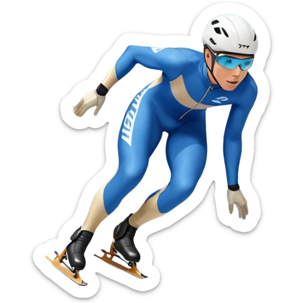 An icon showing a grand arena, snow-covered mountains in the distance, and a crisp blue sky with professional speed skater leaning into a turn on a polished ice track, dressed in a sleek suit and helmet. Transparent background highlights speed and precision. sticker