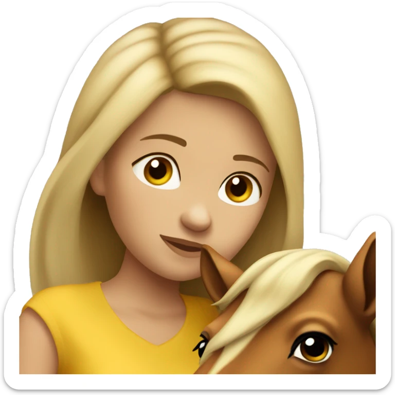 Dark blonde girl wearing sleeveless yellow shirt snuggling brown horse sticker