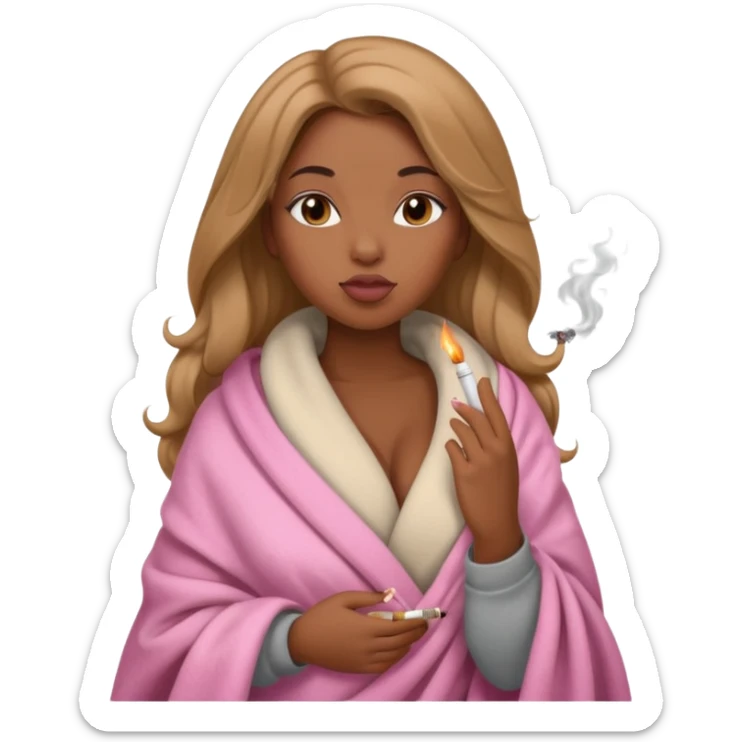 Curvy, light brown long hair, pretty black girl light pink lipgloss smoking wrapped in blanket sticker