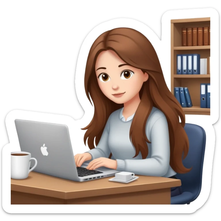 Girl with long brown hair doing bookkeeping at a laptop with a cozy mug beside her officecore elegant sticker