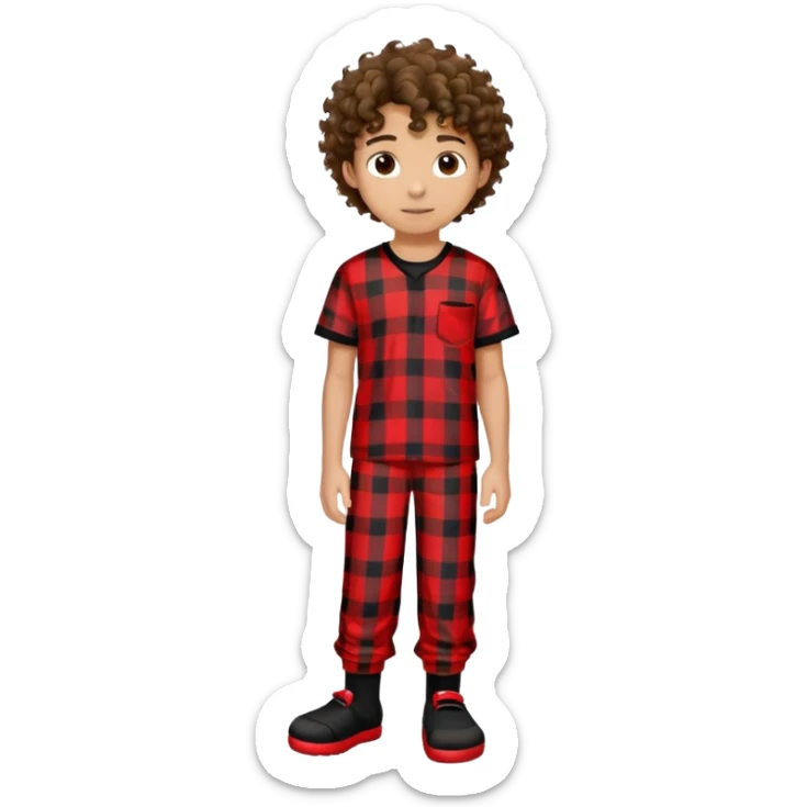 a teenage boy with tan skin, curly hair, brown eyes wearing a black shirt, plaid red pajama pants, black socks, and black crocs  sticker