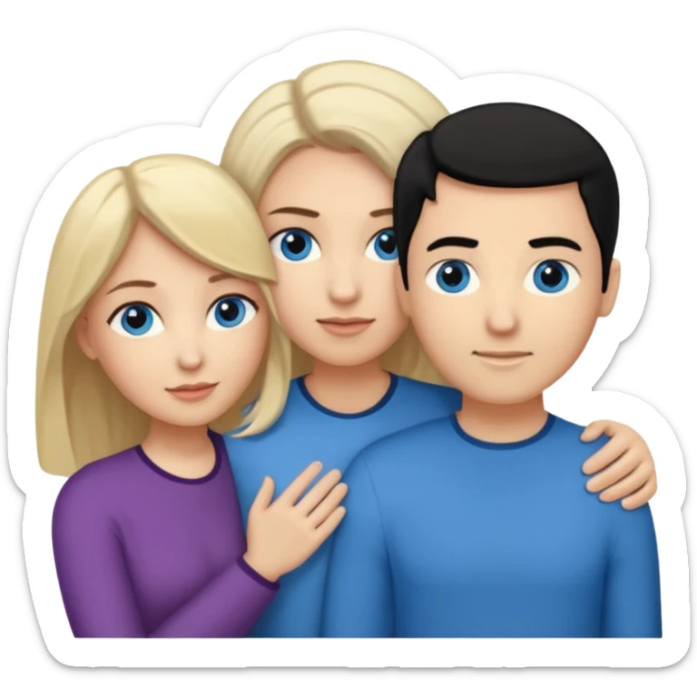 3 people. Throuple. Blank woman with blond hair and blue eye color on left. And also a blank man with black hair and grey eye color in the middle. And a blank woman with brown hair and grey eye color on the right. Holding each other  sticker