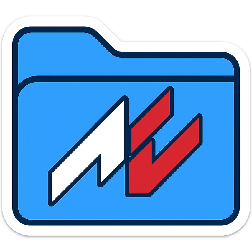 Place the AC logo with white and red stylized arrows centered on the cover of the blue folder icon. Leave some room around the borders. The logo should be flat, modern, clearly visible, and recognizable with a fully transparent background. Prioritize clarity and recognizability. sticker