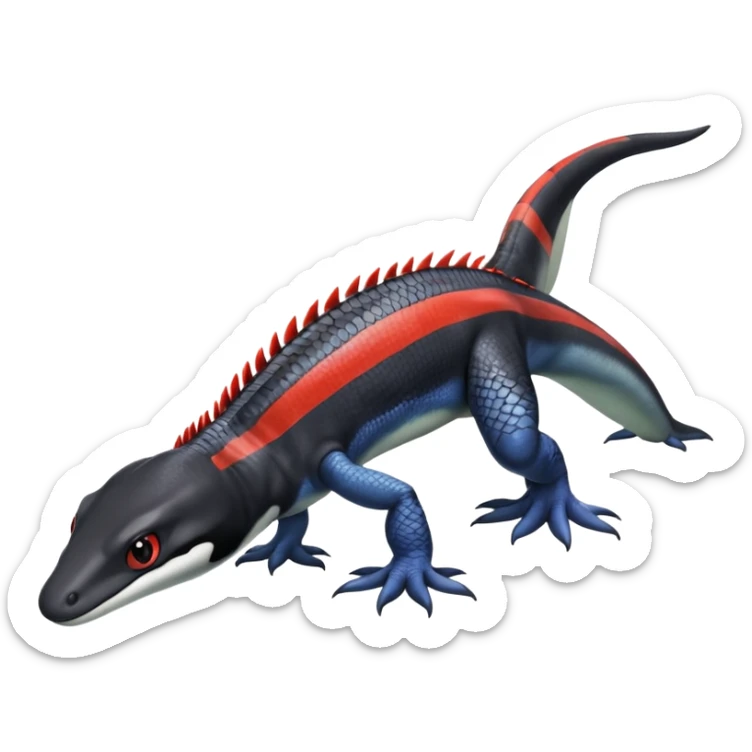 Black and white Orca-hybrid-reptile-reptilian-lizard-skink-gecko-Digimon-Fakémon-Pokémon-fusion-hybrid full body, two legs, two arms, claws, tail, with red stripe sticker