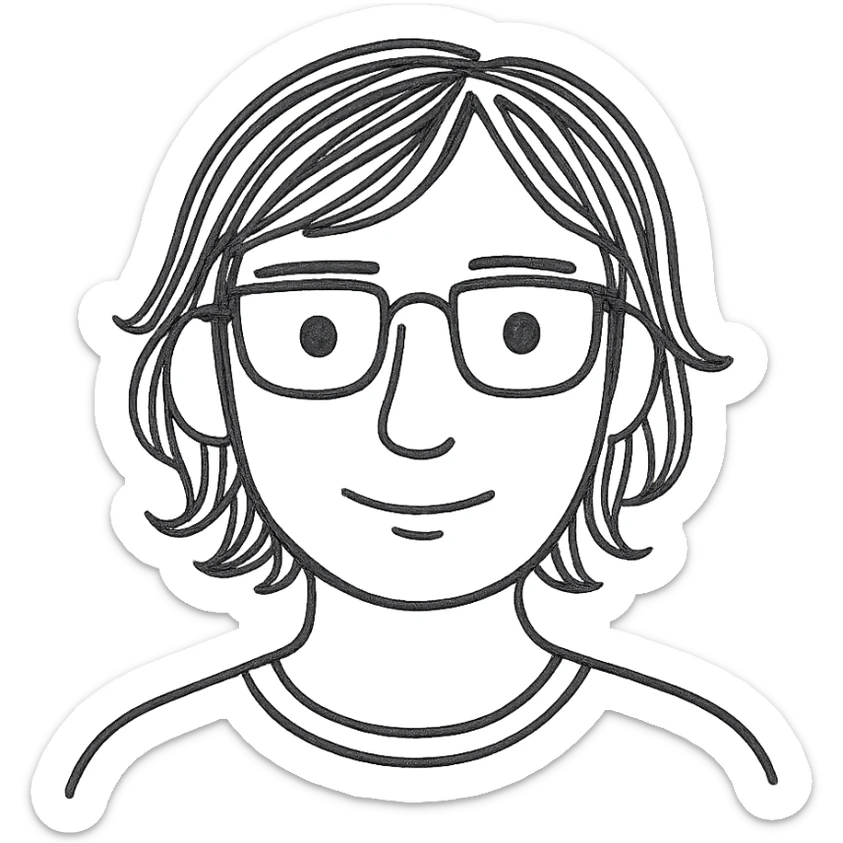 a dark-haired guy with hair to his earlobes, square glasses, brown eyes sticker