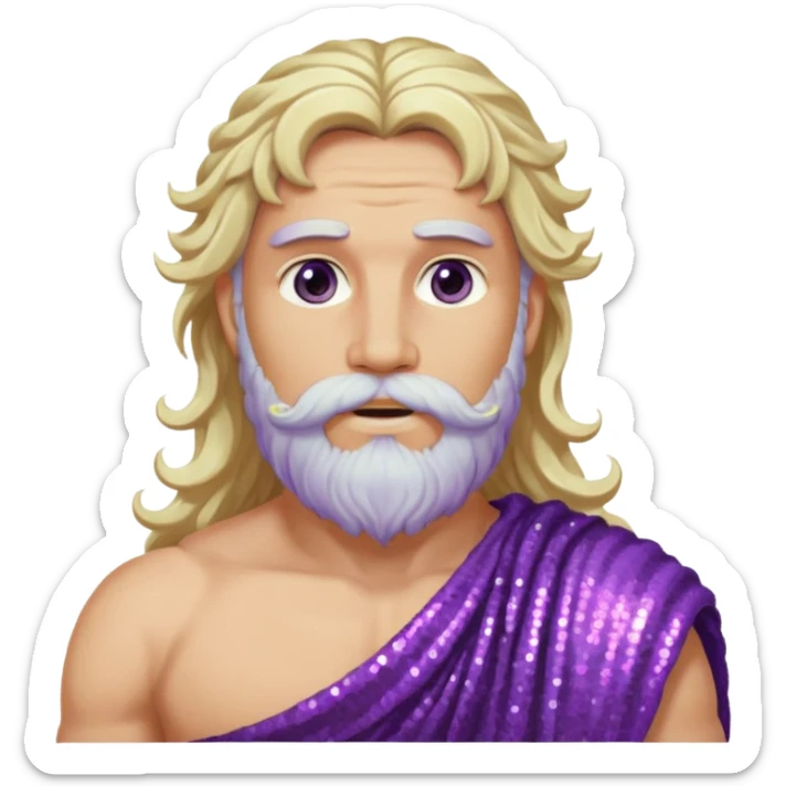 Jupiter, God of Sky from Roman Deities with long white blonde wavy hair and beard, purple sequin toga sticker