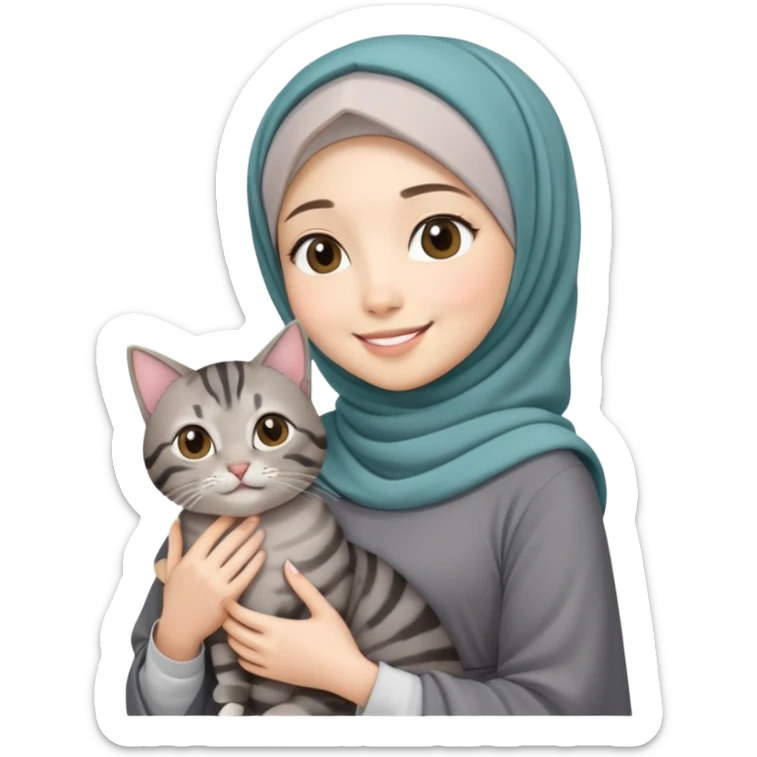 Asian white girl wearing hijab with dress holding a black grey tabby cat while smiling sticker