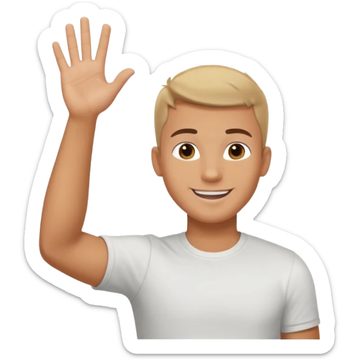 joven bronceado corte de soldado oscuro muy cortito polera blanca sonrisa bonita saludando mano arriba sticker