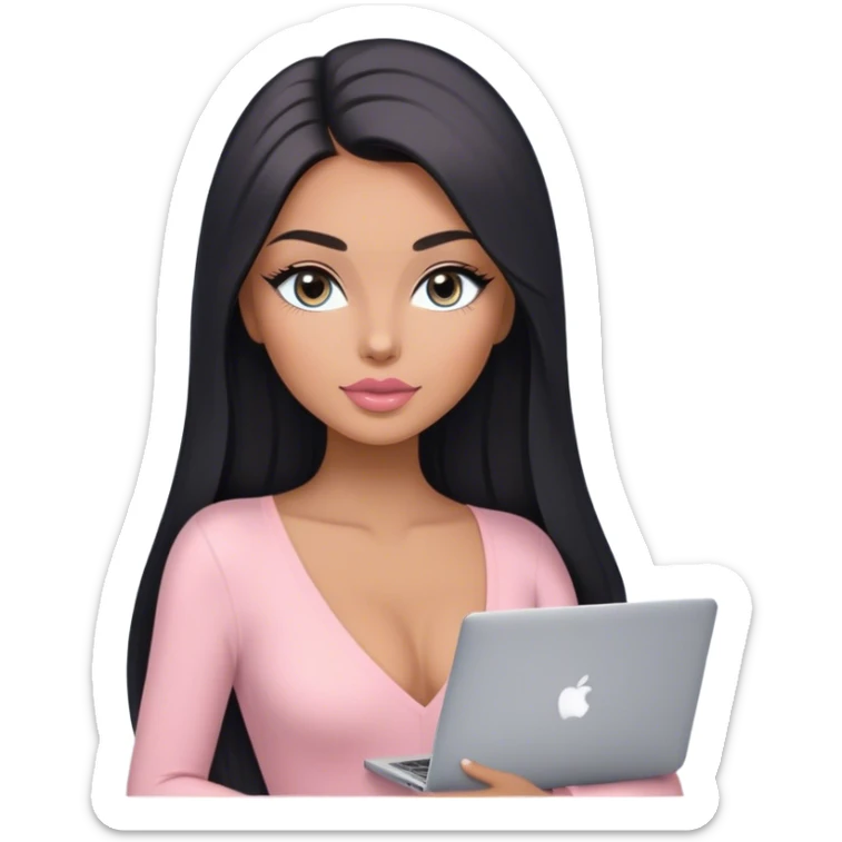 Glamours, tanned, very beautiful girl, with big pump peach-beige-rose lips, long lashes, black straight smooth silky long hair, straight parting hair, blue-grey eyes, in light-pink v-neck bodysuit holding MacBook sticker