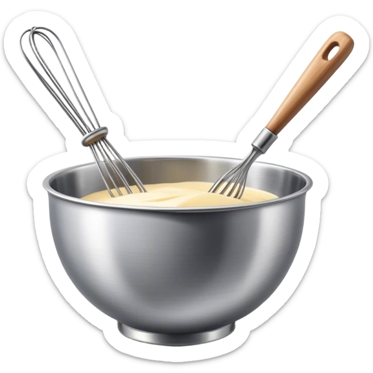 Cinematic Realistic Whisk & Mixing Bowl, a well-used metal whisk resting in a smooth ceramic mixing bowl, light reflecting off the whisk’s polished surface, subtle smears of batter along the rim, glowing with a sense of warmth and creativity. sticker
