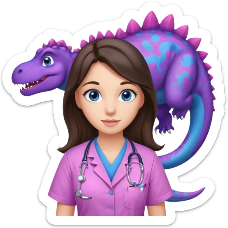 pretty brunette nurse with long hair and blue eyes in pink and purple dinosaur pattern scrubs sticker
