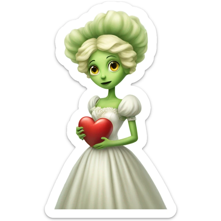 "galora green blonde alien woman" in white Victorian dress elegant, full body holdig big hearth sticker