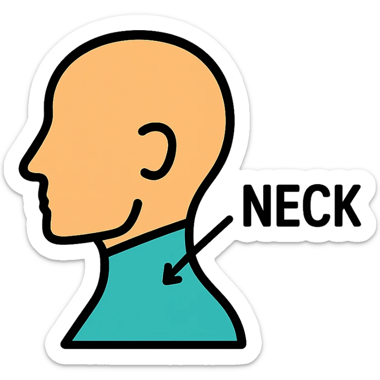 flat color illustration of a head and neck with a labeled arrow indicating the neck, clean and simple icon style sticker