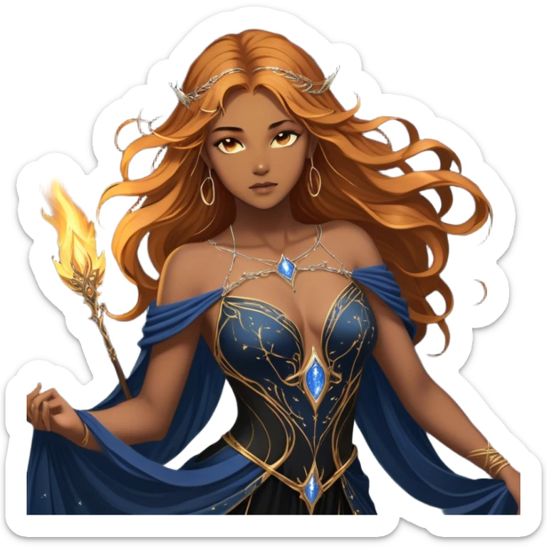 A fierce yet ethereal female High Fae with golden-brown hair cascading down her back, streaked with hints of sunlit gold. Her sharp, striking blue-gray eyes hold an unyielding fire. She wears a flowing black gown with constellations embroidered in silver thread, draping elegantly over her graceful frame. Her delicate hands bear golden tattoos, symbols of ancient magic binding her fate sticker