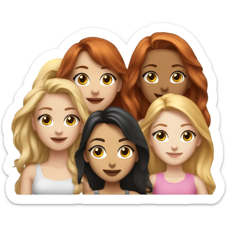 Hyper realistic Group of 5 beautiful girls. Girl 1- brown hair. Girl 2- black hair. Girl 3- redhead. Girl 4- golden hair. Girl 5- light blonde.  sticker