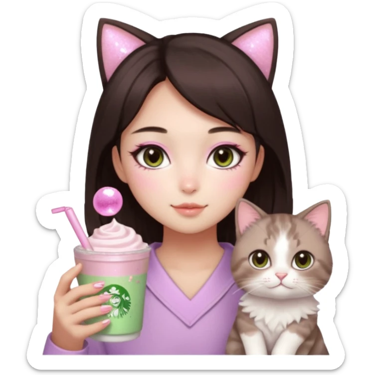 asian girl with short dark brown hair and dark brown eyes with a soft girl pink glowup aesthetic, matcha latte, 2 light brownragdoll cats, and sparkles, makeup, and money sticker