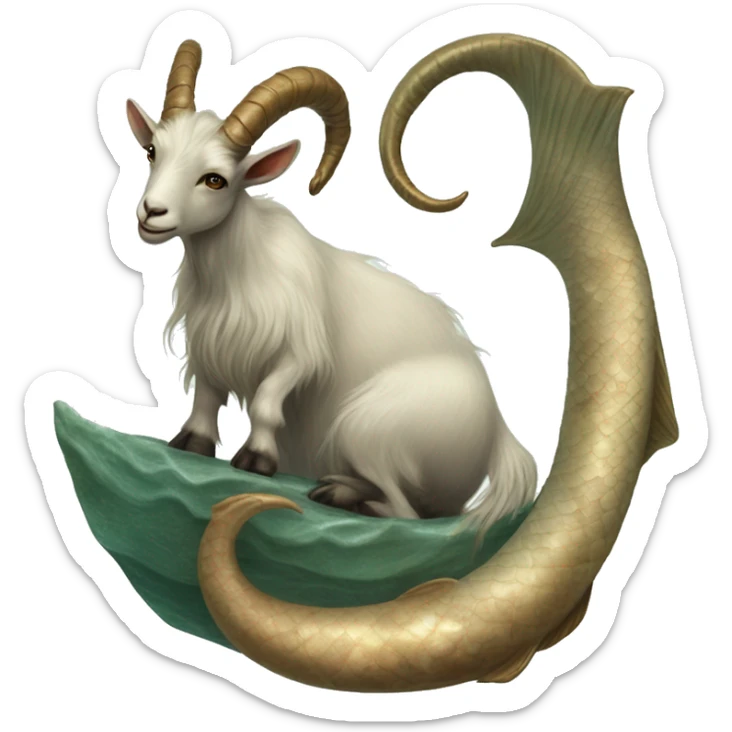 Goat with big horns attached to a long wrapped up mermaid fish tail, Capricorn, creature mythology, watery & earthy tones, mystical, realistic  sticker
