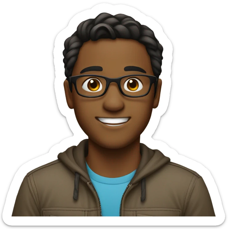 Create an emoji of a brown boy, with straight hair on one side, wearing round glasses, smiling sticker