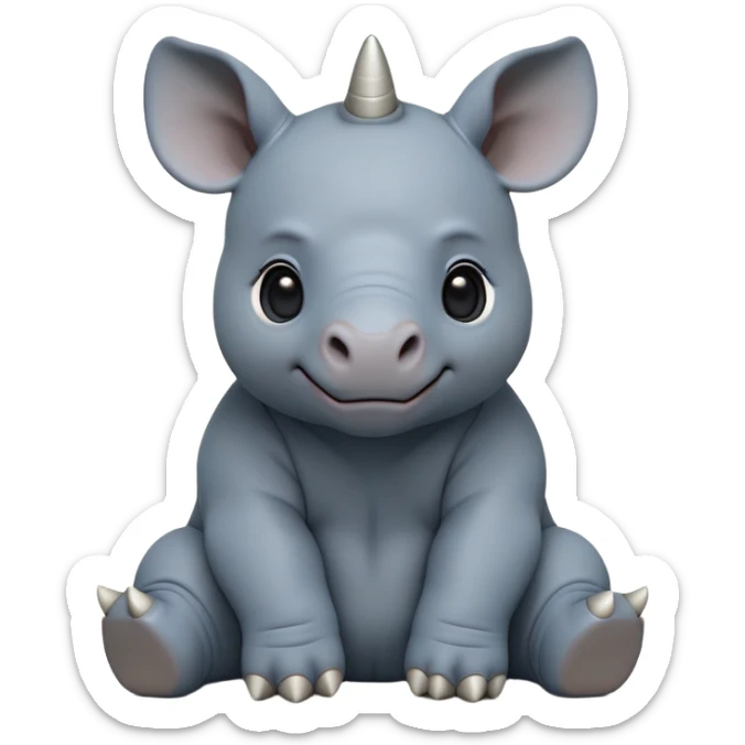 cinematic-baby rhino-full-body-sitting-emoji,white horn, slate grey/blue skin -massive-body-poised-powerfully,-thick-horn-curving-slightly-forward,-head-tilted-dramatically,-rough-grey-hide-covered-in-dust,-simplified-focused-features, large cute black eyes sticker