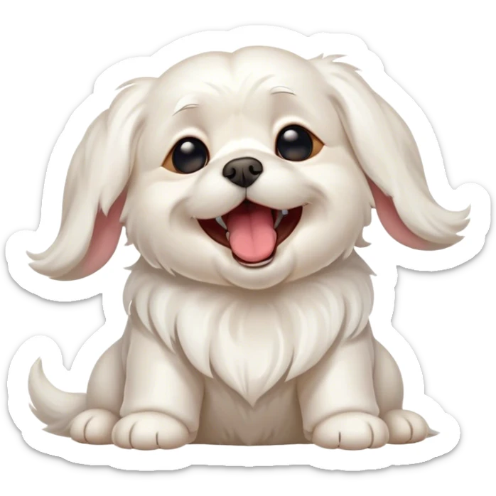 Cinematic Cute Yawning Wavy-Haired Maltese dog Portrait Emoji, Head tilted slightly with a dramatic, wide-open yawn, showcasing a lustrous, wavy-haired white coat with gentle highlights, floppy ears slightly drooping, round dark eyes barely open in drowsy contentment, Simplified yet irresistibly adorable features, highly detailed, glowing with a soft, cozy glow, high shine, relaxed yet expressive, stylized with a touch of whimsy, bright and endearing, soft glowing outline, capturing the essence of a sleepy yet affectionate companion, so drowsy it feels like it could stretch right out of the screen and curl up for a nap! sticker