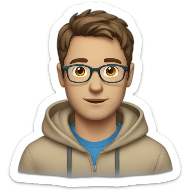 Man with blue eyes, brown hair and glasses wearing a beige hoodie sticker