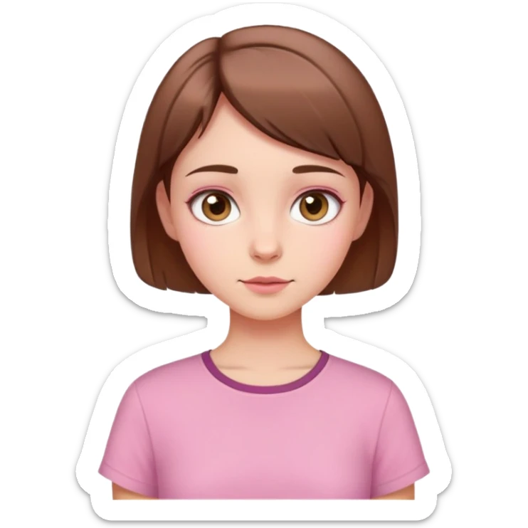 A girl with doe shaped eyes and hazel color and brown short hair with pink shirt  sticker