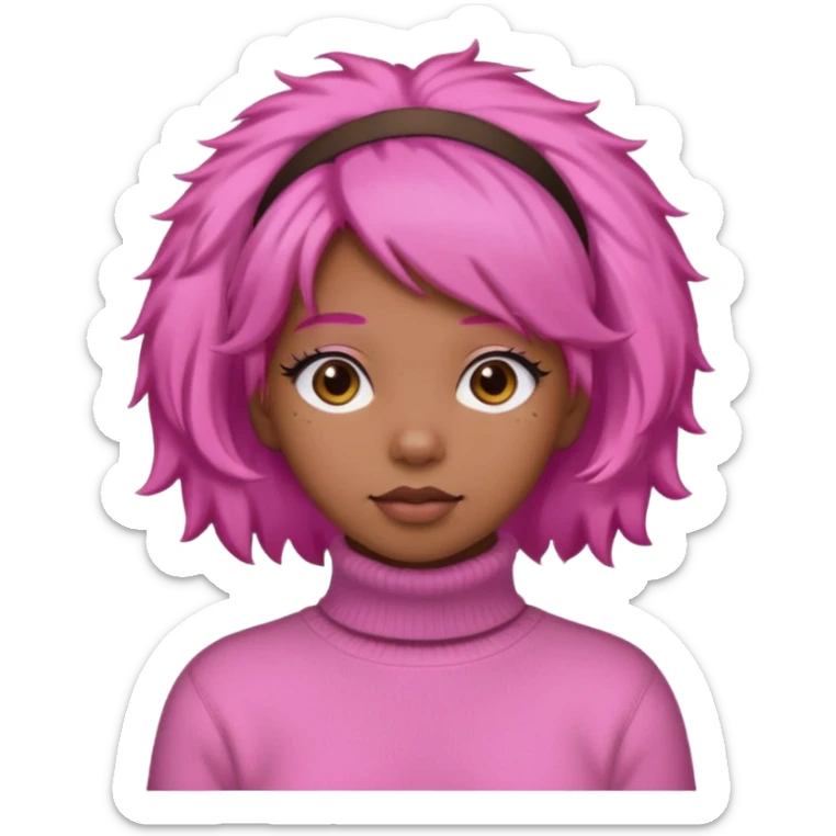 black fluffy haired girl with pink turtleneck sweater and pink hair band sticker