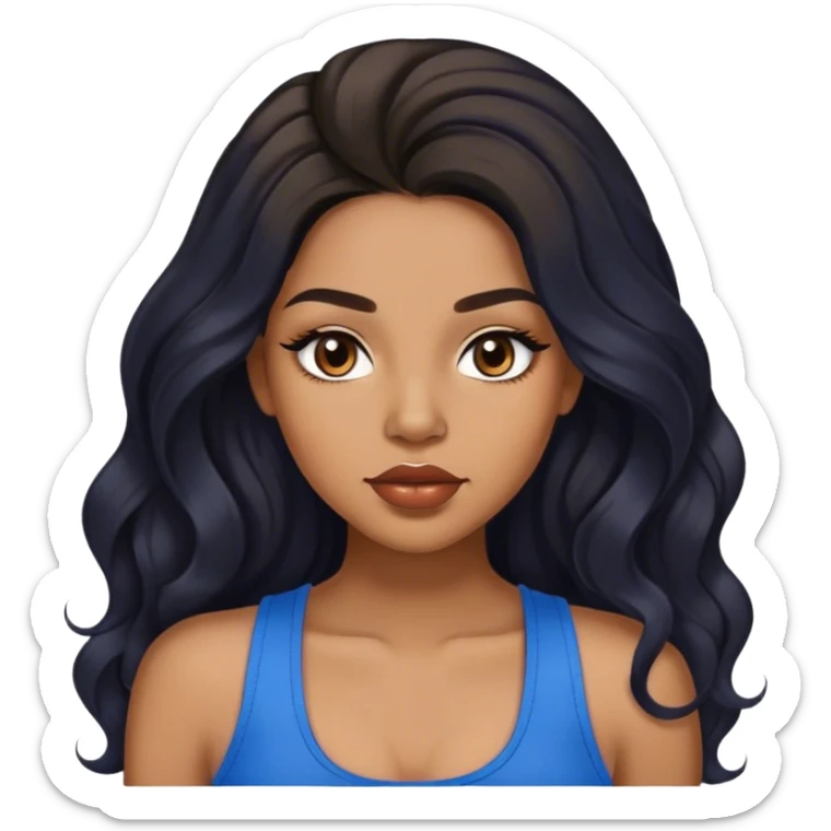 light brown skin tone, very beautiful woman, with big plump lips, long long lashes, black long wavy hair, middle hair parting, brown eyes, blue tank top sticker